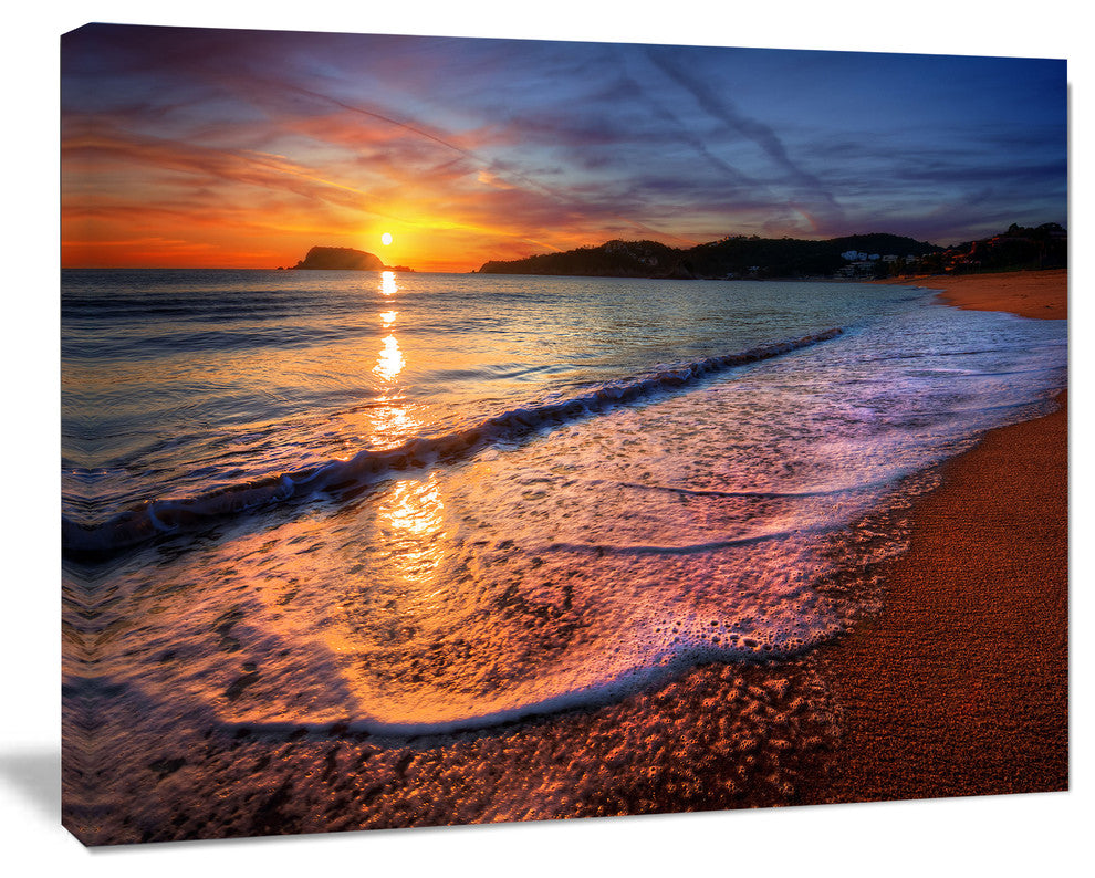 Foaming Waves at Beautiful Sunset, Seashore Canvas Art Print, 60"x28"