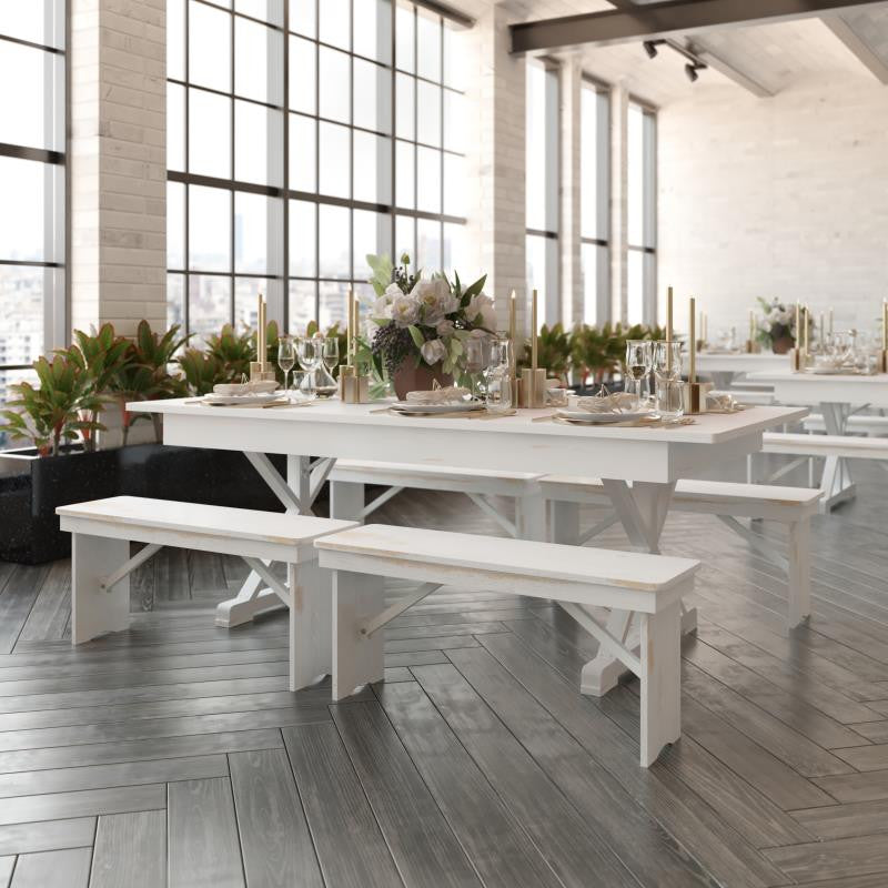 HERCULES 7' x 40" Rectangular Solid Pine Farm Table with X Legs, Antique Rustic White