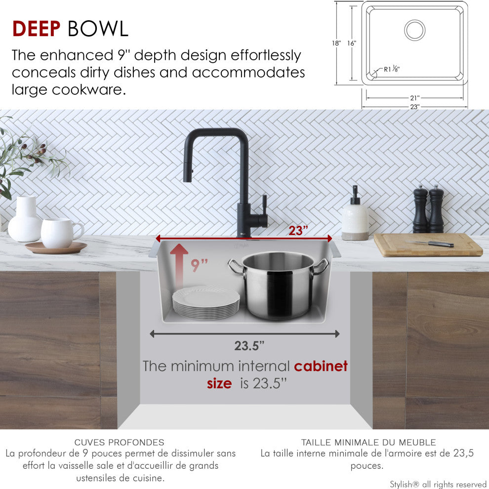STYLISH 23 inch Single Bowl Undermount and Drop-in Stainless Steel Kitchen Sink