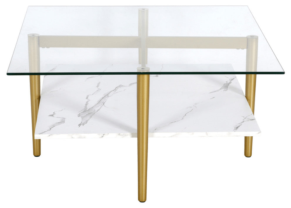 32" White And Gold Glass And Steel Square Coffee Table With Shelf