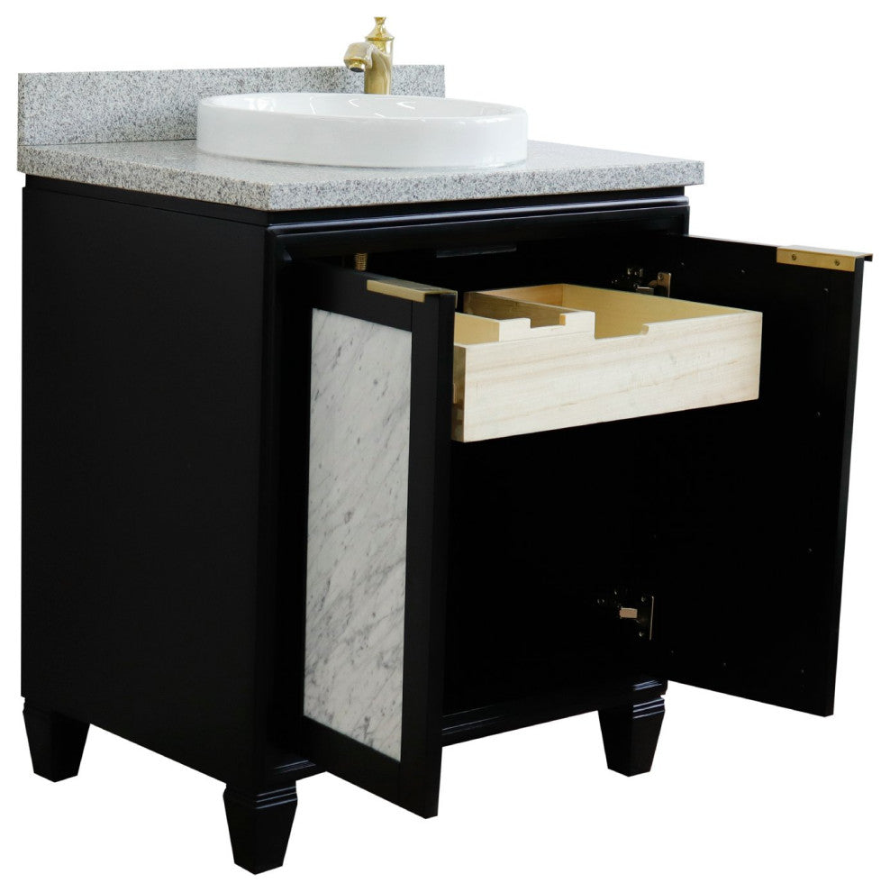 31" Single Sink Vanity, Black Finish With Gray Granite With Round Sink