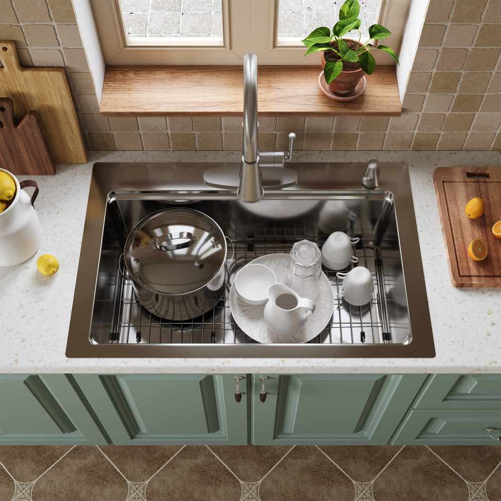 Drop-In 2-Hole Single Bowl 18 Gauge Stainless Steel Workstation Kitchen Sink