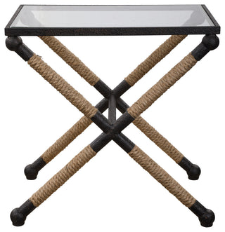 Full product shot on white background showing the Braddock glass-top end table with rope-wrapped legs.