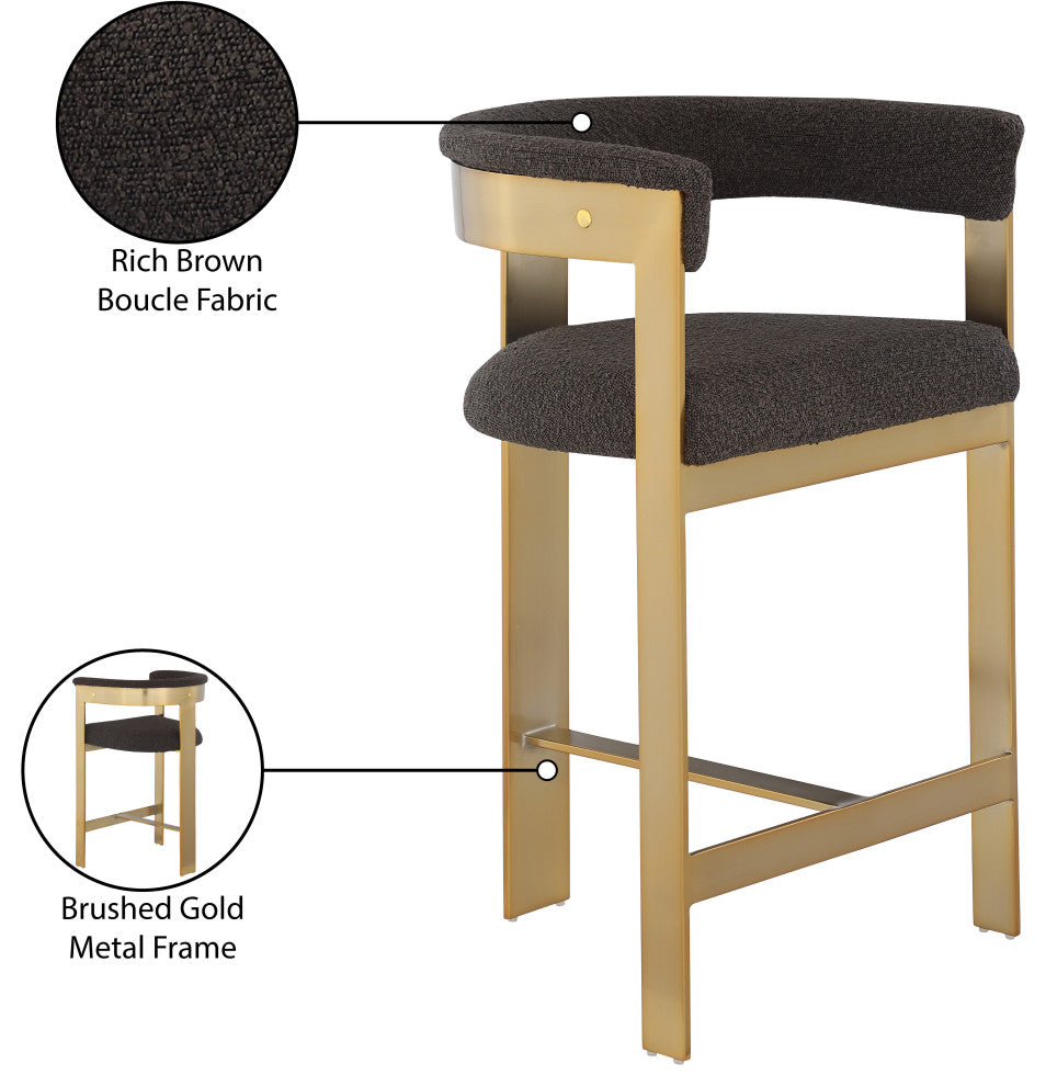 Romeo Upholstered Counter Stool, Set of 2, Brown, Boucle Fabric, Brushed Gold