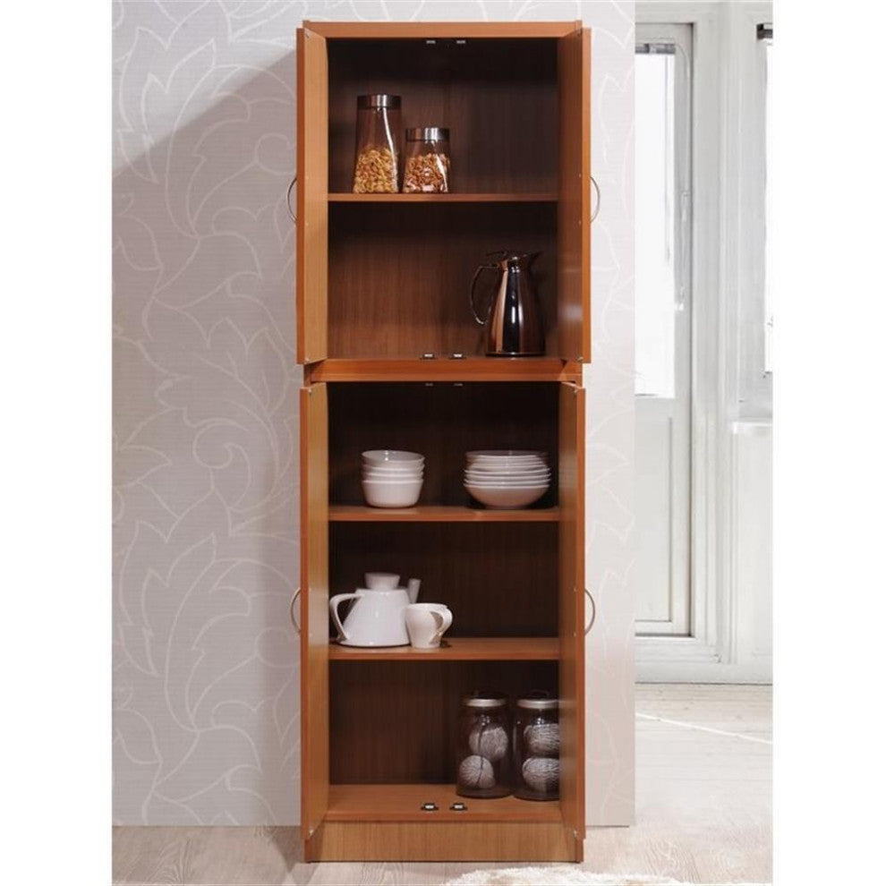 Hodedah 4 Door Kitchen Pantry with 4 Shelves 5 Compartments in Cherry Wood