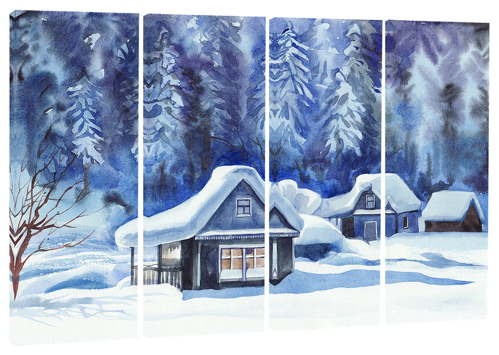 "Blue Winter Cottages" Canvas Print, 4 Panels, 48"x28"