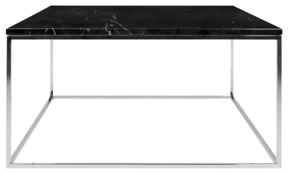 Modern Marble Top Minimal Metal Base Coffee Table, Black Marble/Chrome