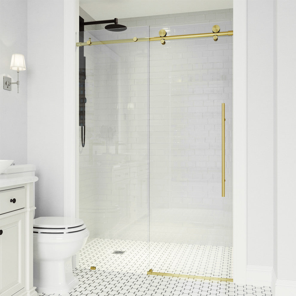 VIGO Elan E-Class 60" to 64" W x 76" H Frameless Sliding Shower Door, Matte Gold, Clear Glass