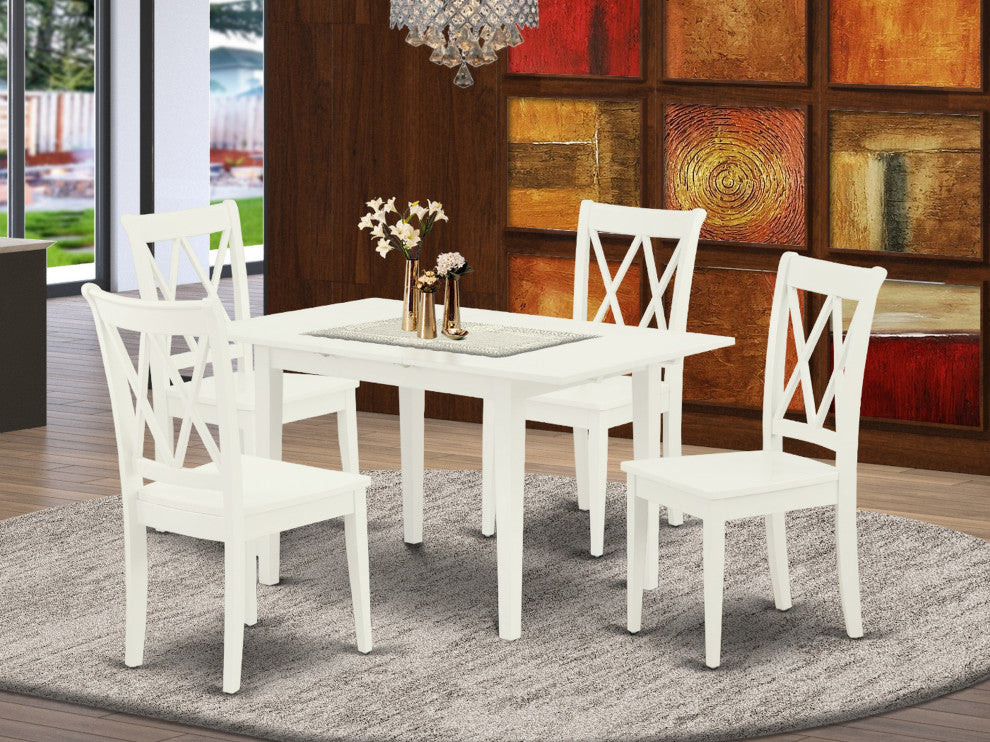 5Pc Dinette Set 4 Dining Chairs, Butterfly Leaf Dining Table, Linen White