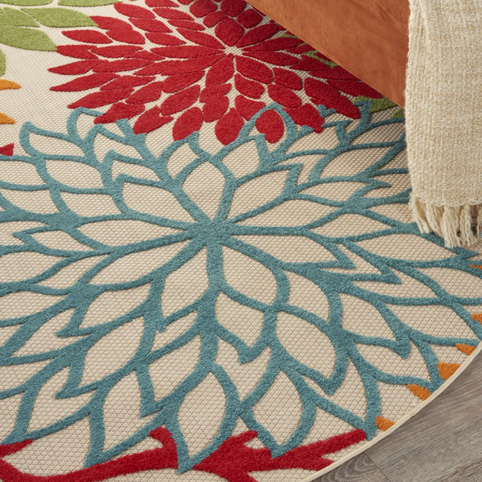 8 Round Green Floral Indoor Outdoor Area Rug