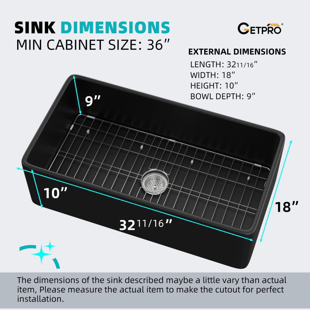 33 inch Black Single Farmhouse Kitchen Sink with Bottom Grid
