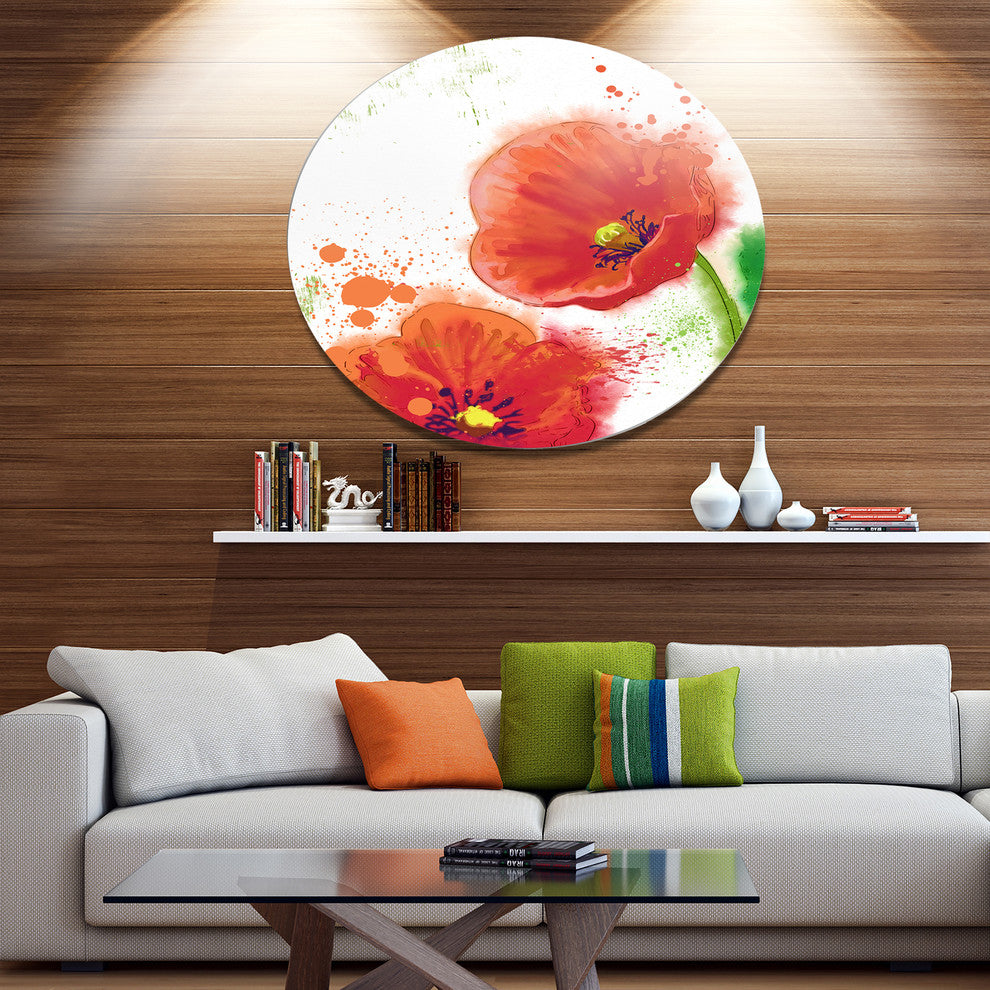 Bloomy Red Tulips Watercolor, Flowers Round Metal Wall Art, 11"