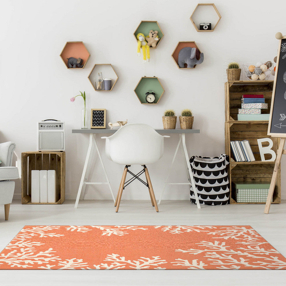 Capri Coral Border Indoor/Outdoor Rug, Coral, 5'x7'6"