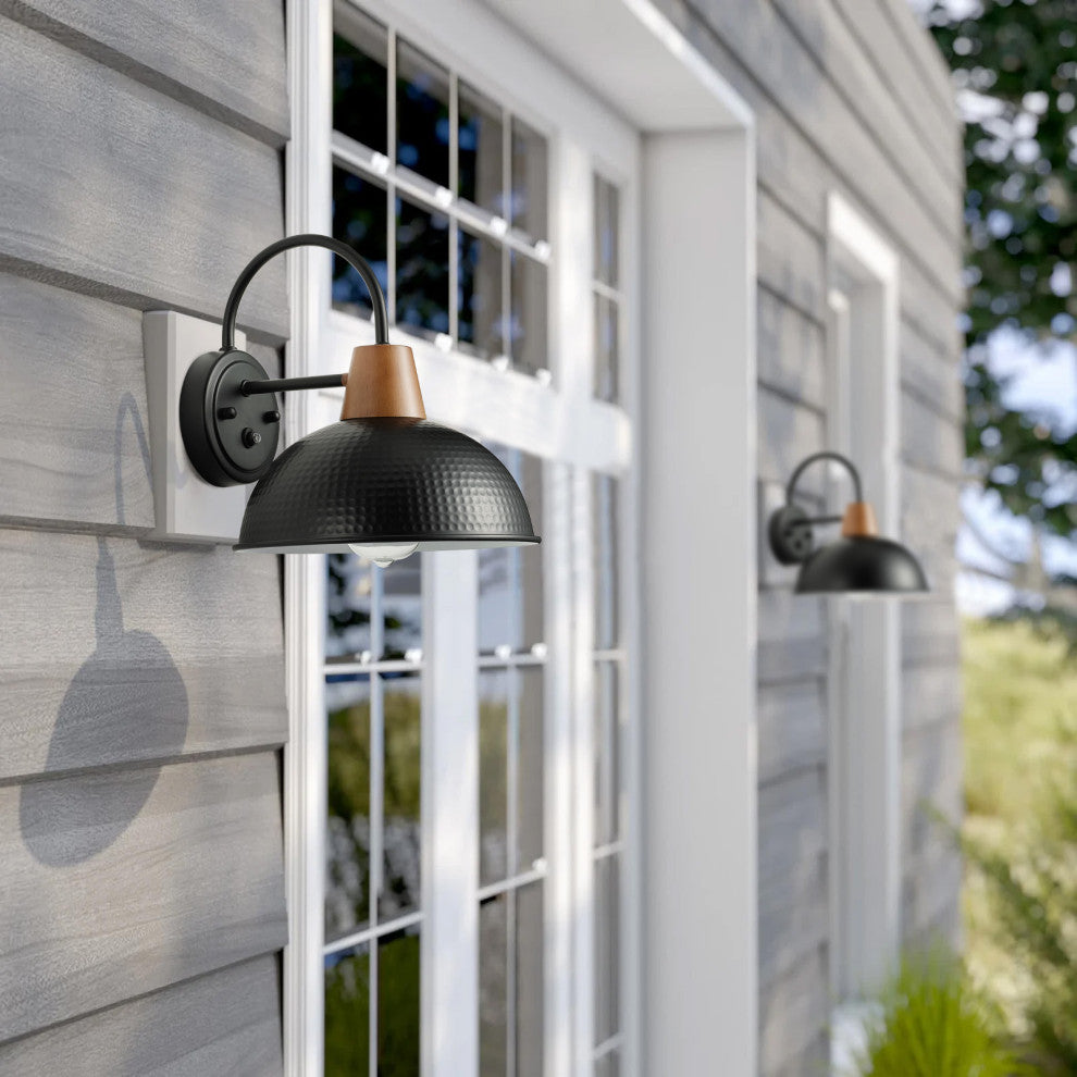 Industrial 1-Light Wood Grain Finish Accented Wall Sconce, Black
