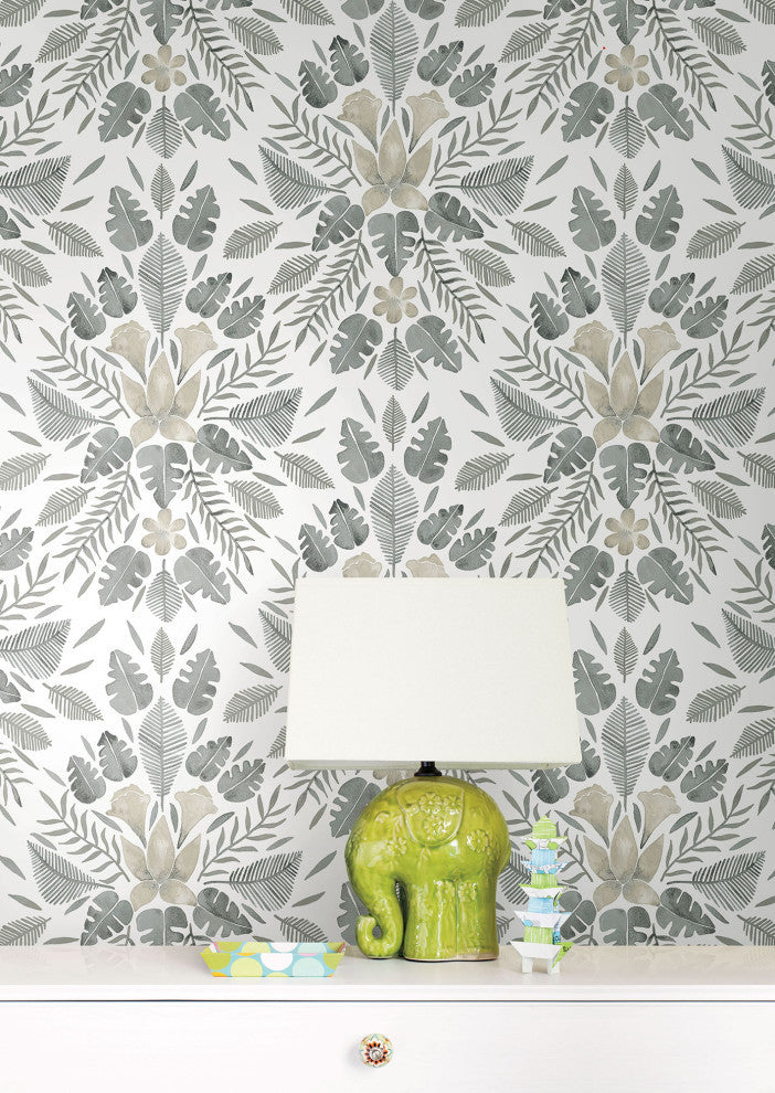 Gray & Taupe Gray Cat Coquillette Tropical Peel & Stick Wallpaper