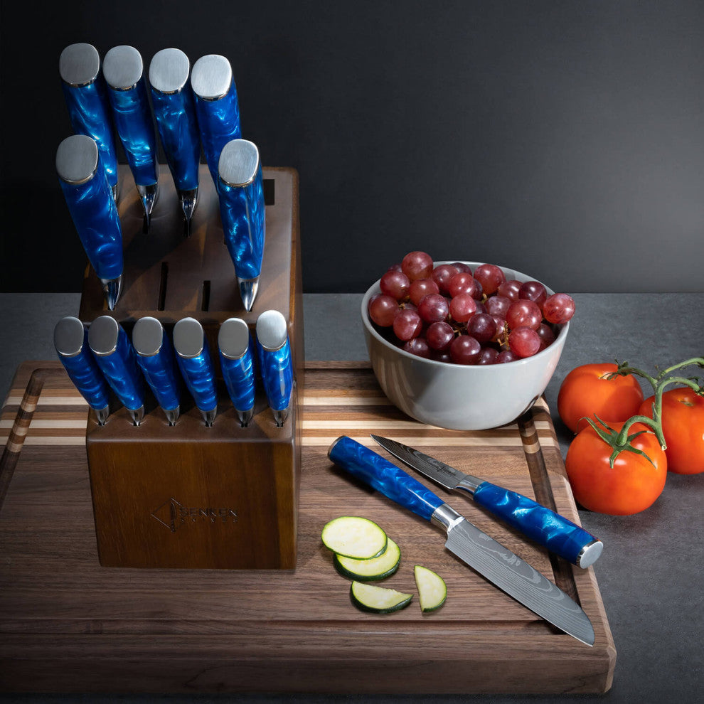 16-Piece Acacia Wood Kitchen Knife Block Set - Blue Resin Handles