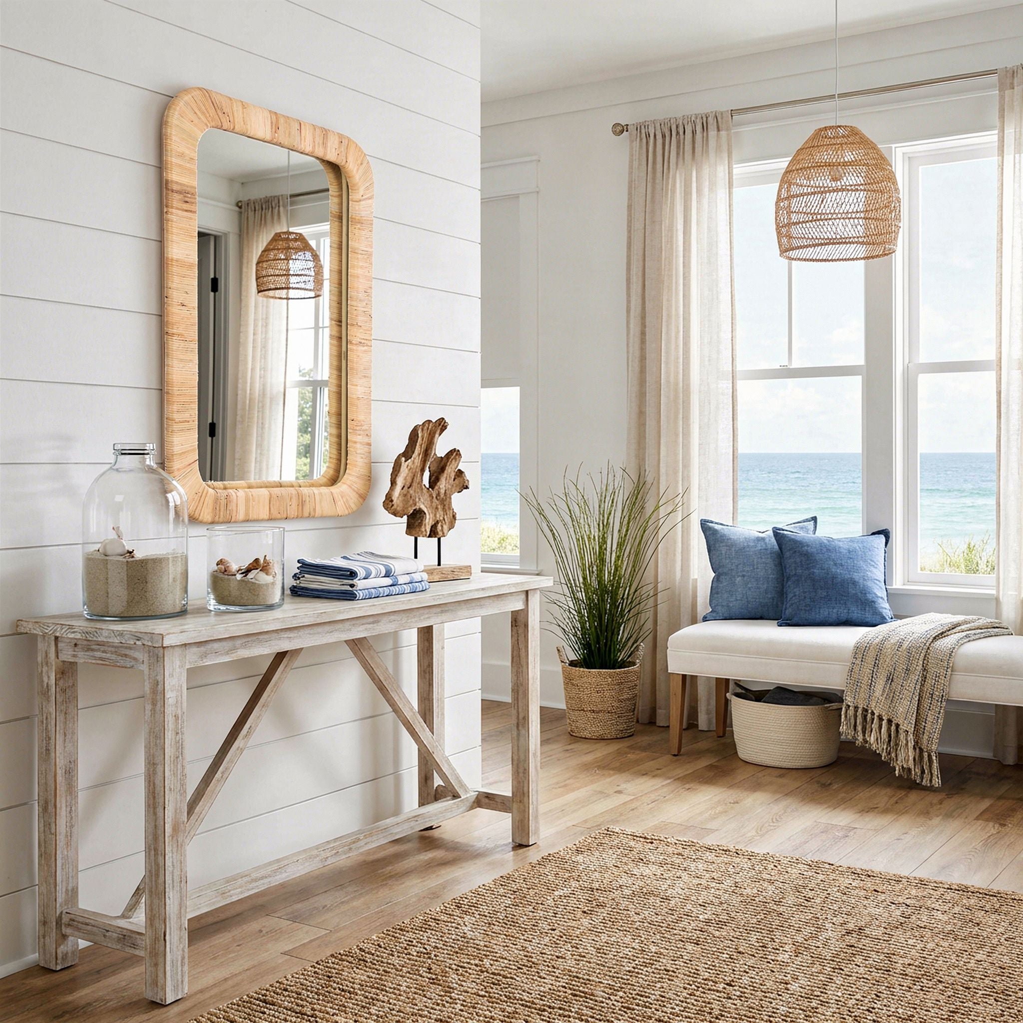 Hinata Rectangular Decoative Rattan Wall Mirror, Natural, 24x36