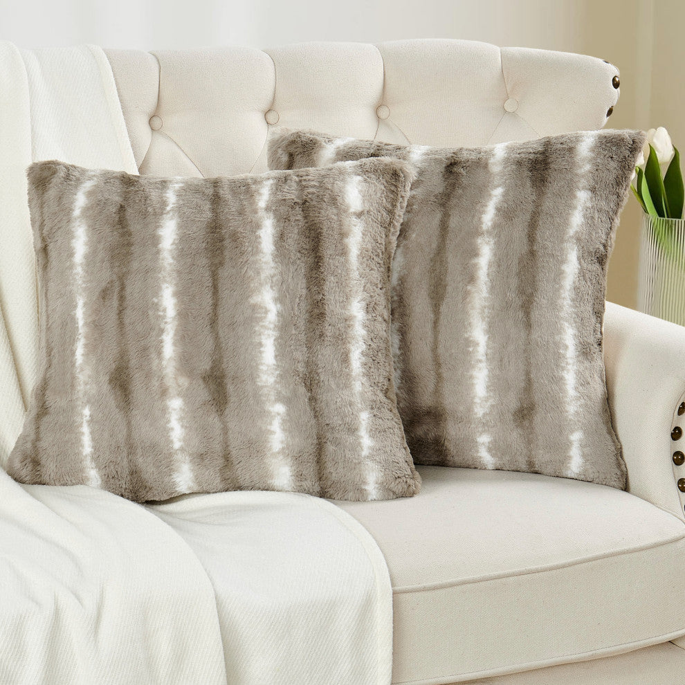 Amanda Stripe Faux Fur 2 Piece Pillow Shell Sets, Taupe Gray, 20"x20"