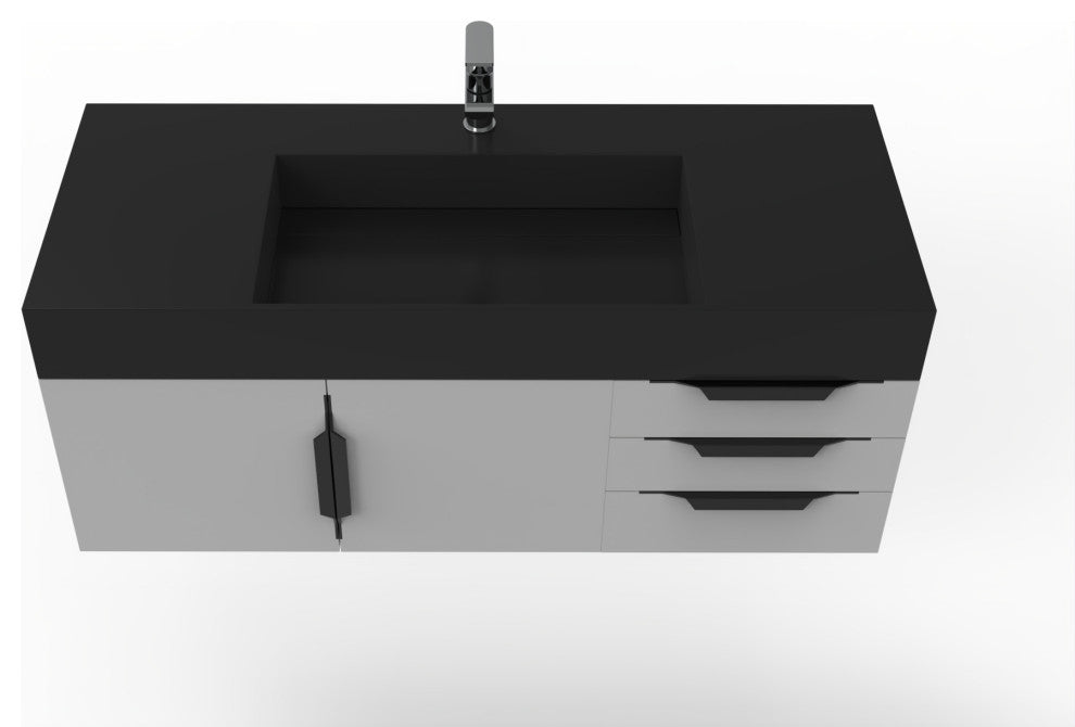 CastelloUSA Amazon 48" Wall Mounted Vanity Set, Gray, Black Top, Black Handles