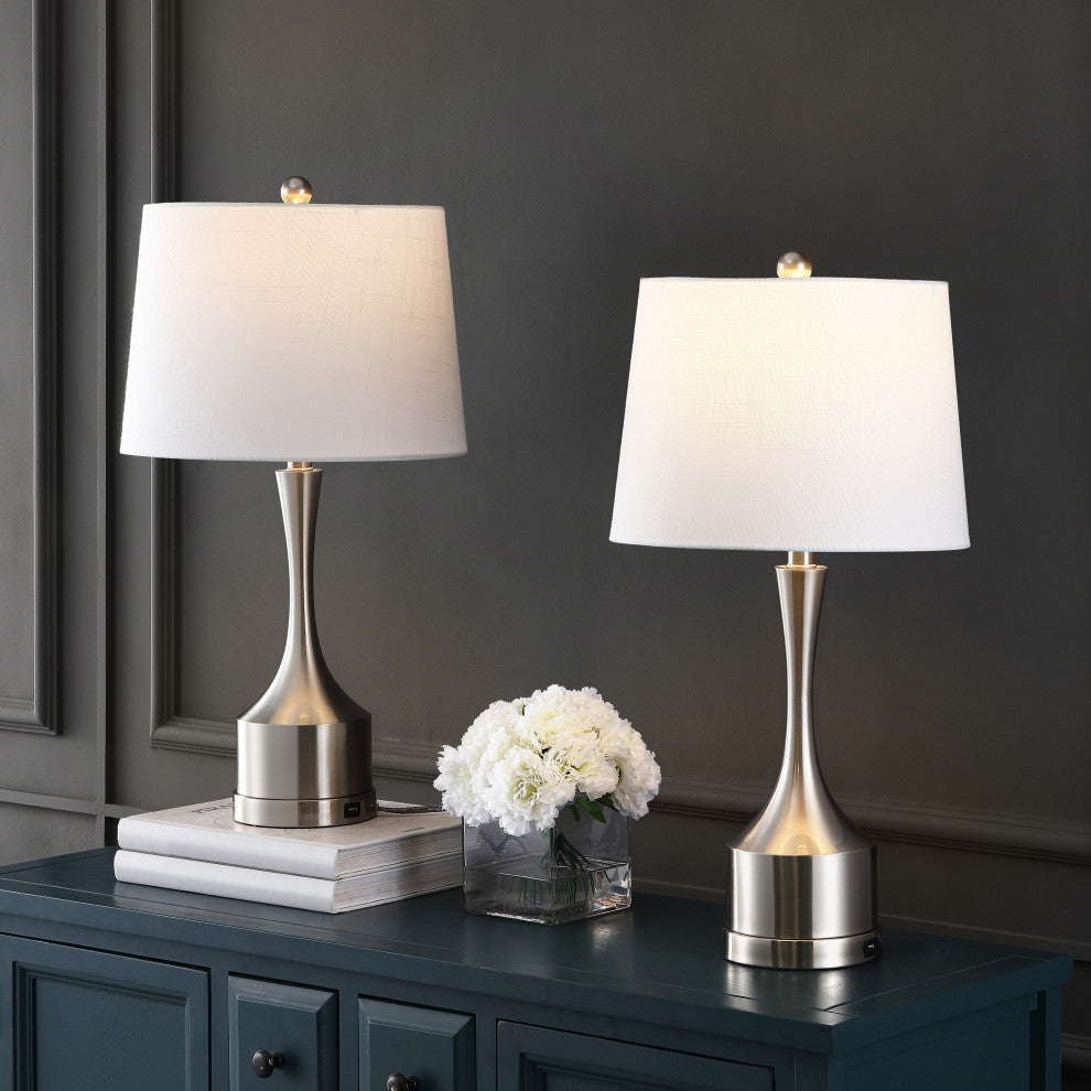 Cooper 26" French Country Iron Table Lamp, USB Charging, Set of 2, Nickel