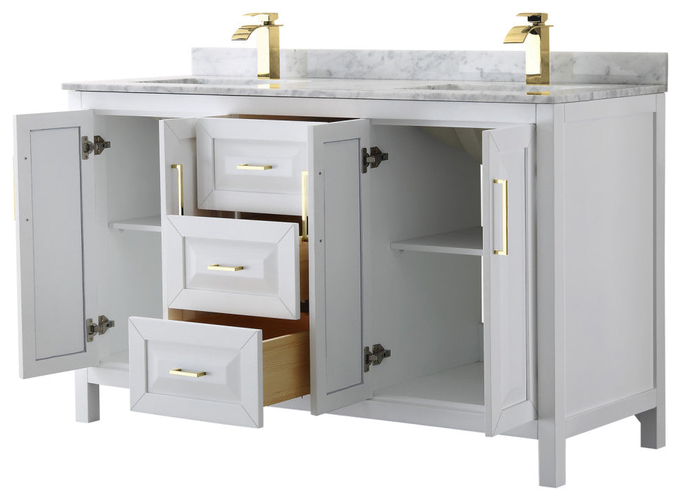 60" Double Bath Vanity, White, White Carrara Countertop, Sinks, Gold Trim