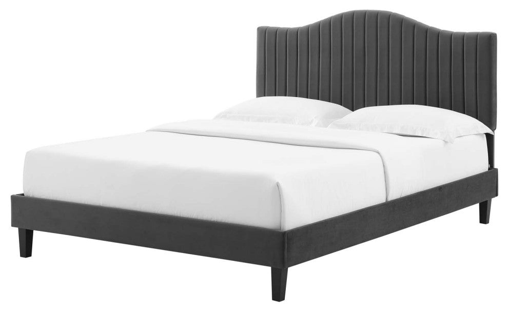 Tufted Platform Bed Frame, King Size, Velvet, Gray, Modern Contemporary