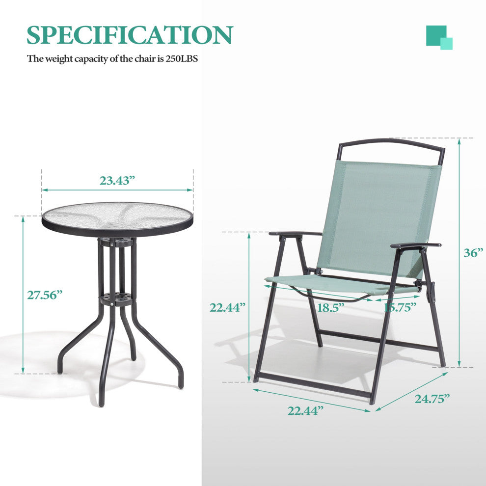 3-Piece Patio Bistro Set, Outdoor Folding Chairs and Table Set, Green