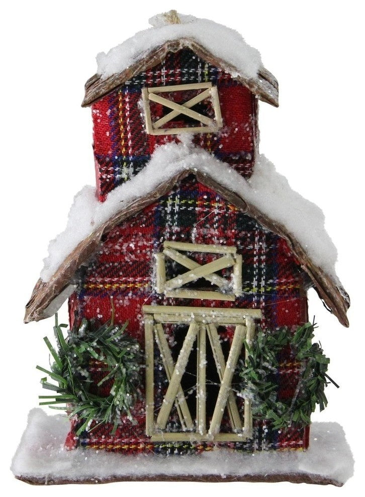 5" Classic Red Plaid Glitter Snow Covered Barn Christmas Ornament