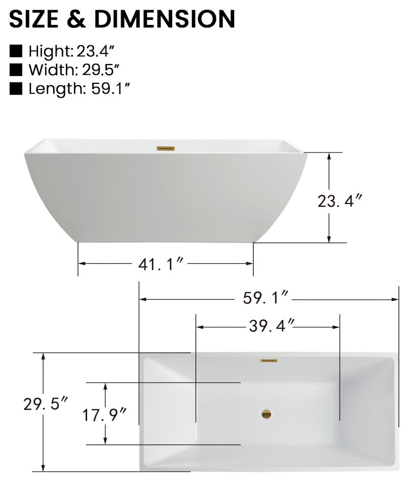Vanity Art Acrylic Freestanding Soaking Bathtub, White/Titanium Gold, 59"