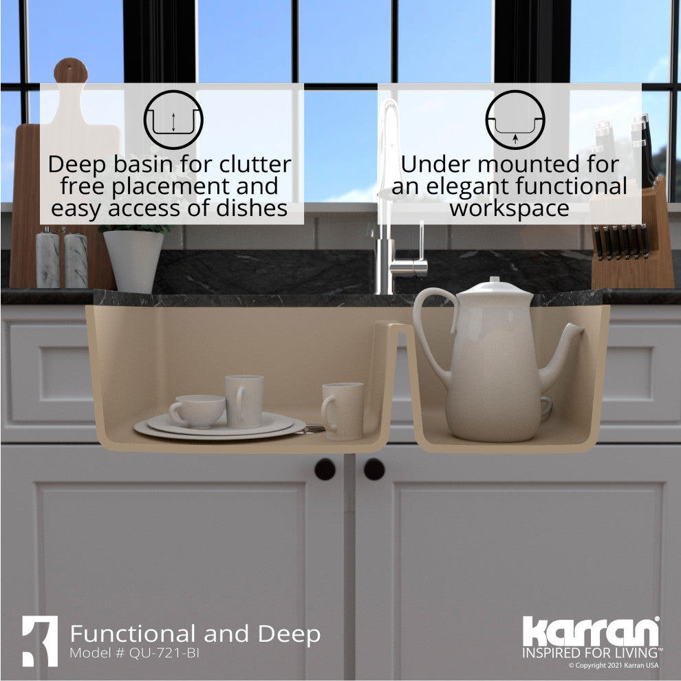Karran Undermount Quartz 33" 60/40 Double Bowl Kitchen Sink Kit, Bisque