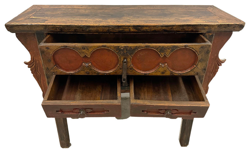 Consigned 19th Century Antique Chinese Carved 3 Drawers Console Table