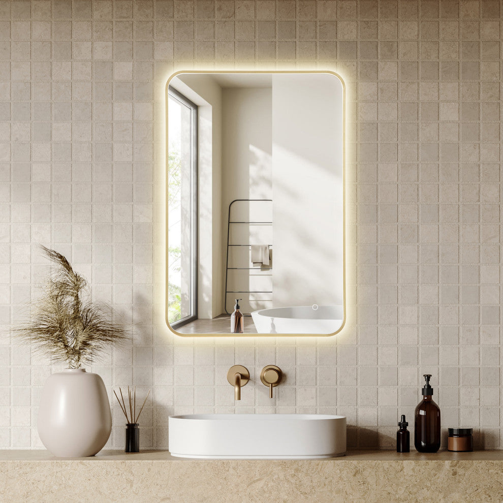 Dazzle Rectangular Bathroom/Vanity LED Lighted Wall Mirror, Brushed Gold, 24"