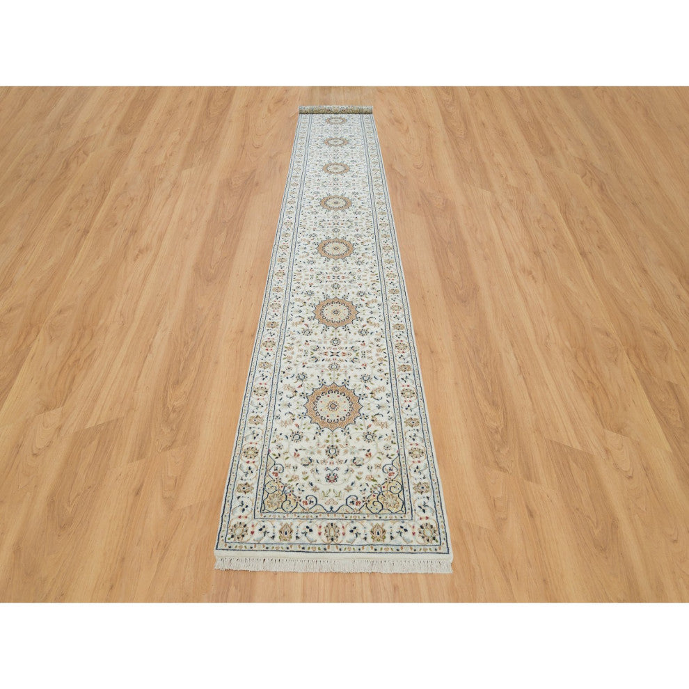 White 250 KPSI Pure Wool Hand Knotted Nain Design XL Runner Rug 2'8"x16'7"