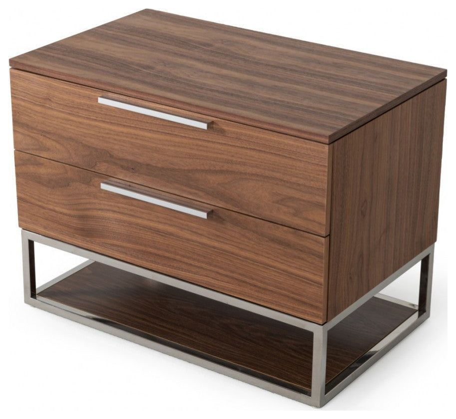 Contemporary Walnut and Stainless Steel Nightstand With Two Drawers