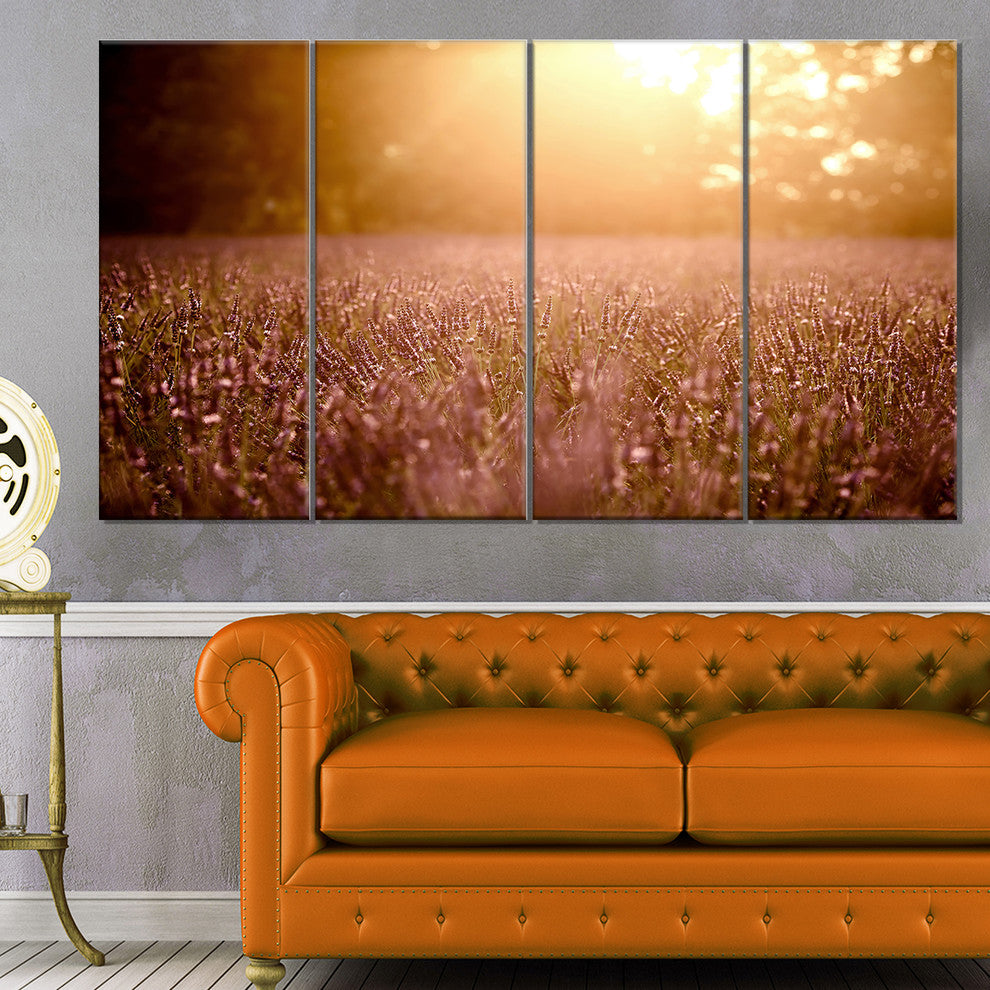Brown Tinged Lavender Field Sunset, Floral Canvas Art Print, 48"x28", 4 Panels