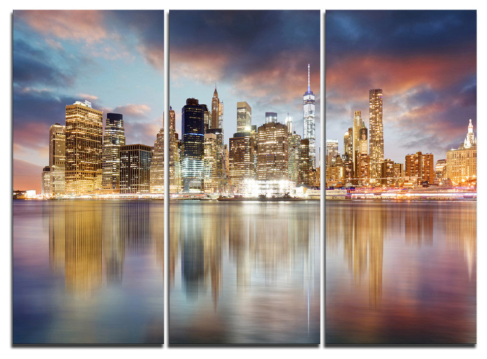 "New York Skyline at Sunrise With Reflection." Metal Wall Art, 3 Panels, 36"x28"