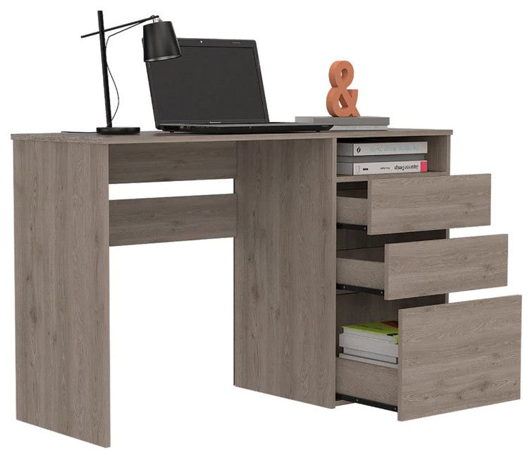 Modern Desk, Wooden Construction With Multiple Drawers & Open Shelf, Light Gray