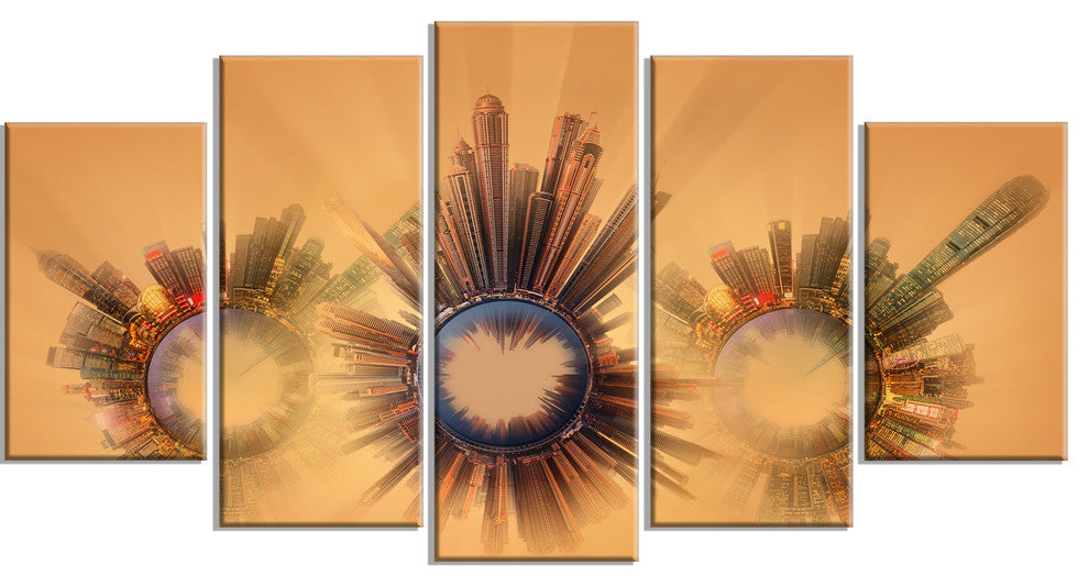 "Miniature Earth Planets With Skyscrapers" Abstract Wall Art, 60"x32", 5-Panels