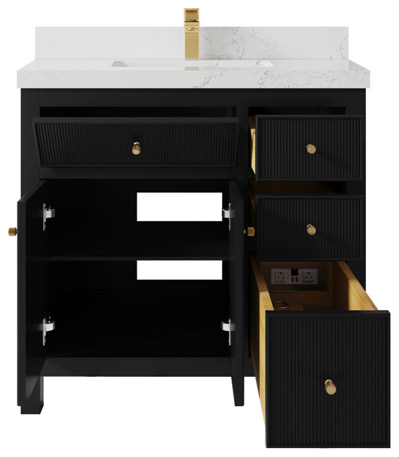 Sonoma 36 Center Sink Reeded Bath Vanity in Black 2" Empira White