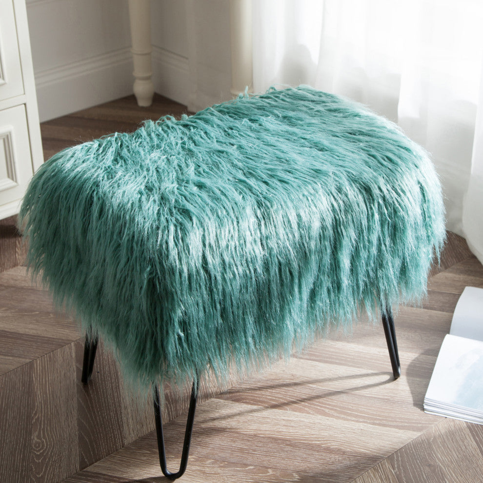 Mongolian Fur Ottoman, Oil Blue, 19''x13''x17''