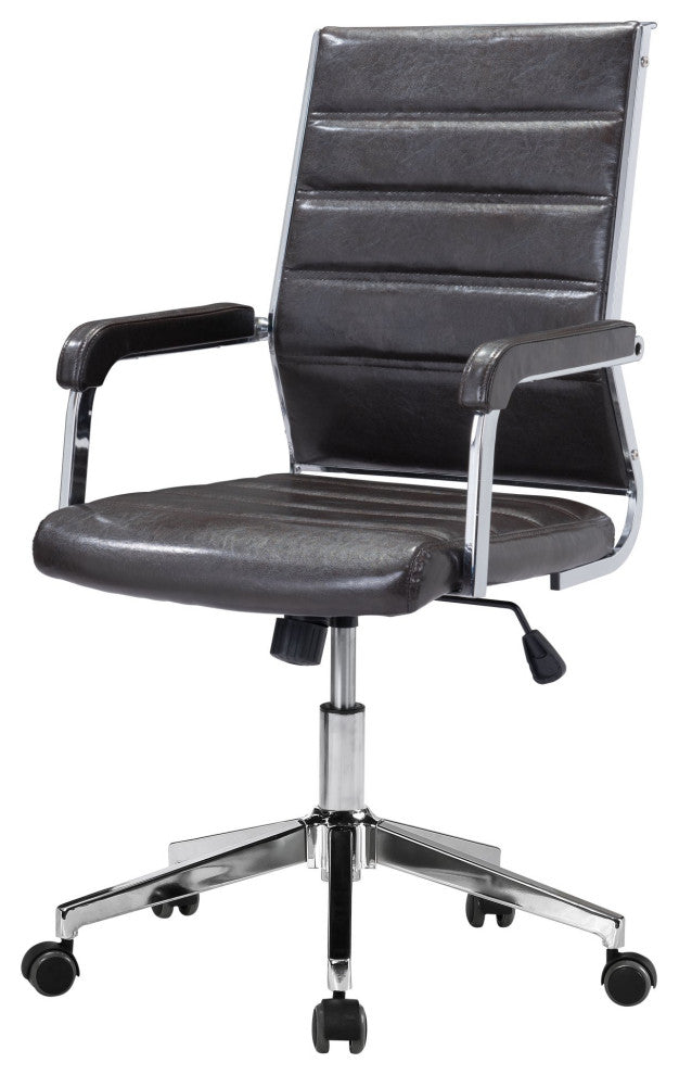 Office Chair, Faux Vinyl Leather, Steel, Brown, Silver, Mid Century Business