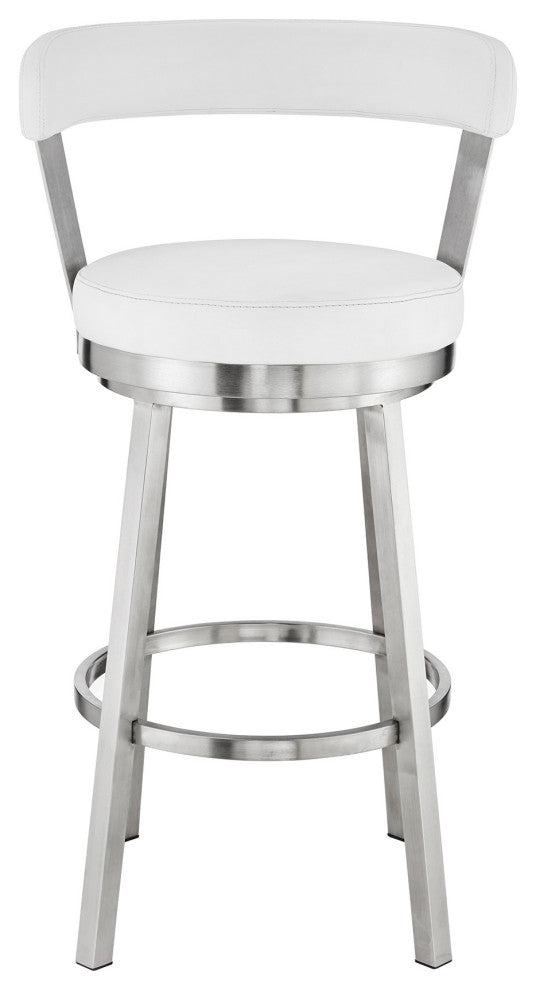 30" Chic White Faux Leather With Stainless Steel Finish Swivel Bar Stool
