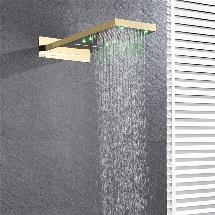 Melfi 22" Brushed Gold Rainfall Shower System, Square Handheld Shower, LED