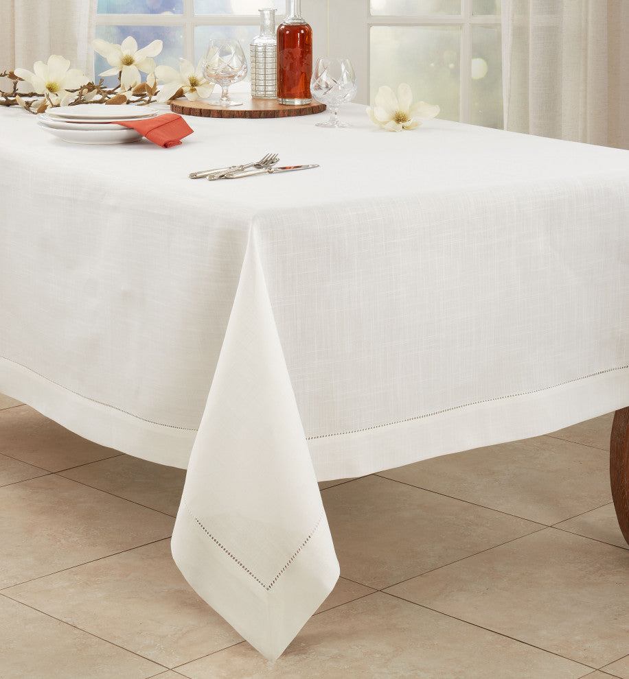 Tablecloth With Hemstitched Border Design, Ivory, 70"x180"