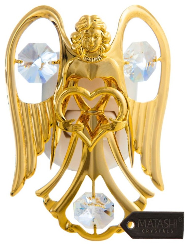24K Gold Plated Crystal Studded Angel With Heart Night Light With white LED bulb