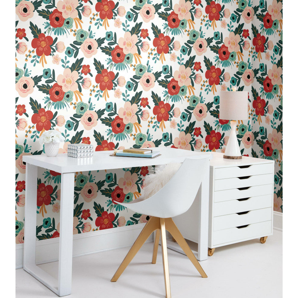 Poppy Floral Peel and Stick Wallpaper, Red and Blue