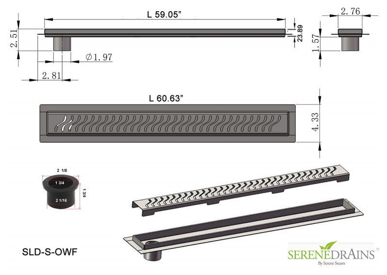 Offset Linear Drain, 60 Inch Side Outlet Linear Drain Complete Set, Ocean Wave