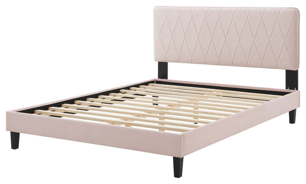 Platform Bed Frame, King Size, Velvet, Pink, Modern Contemporary, Bedroom Master