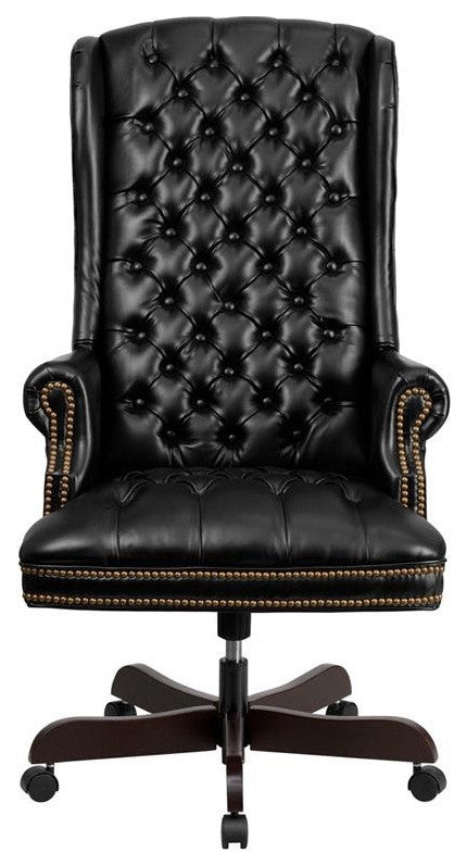 High Back Traditional Tufted Black Leather Executive Swivel Chair With Arms