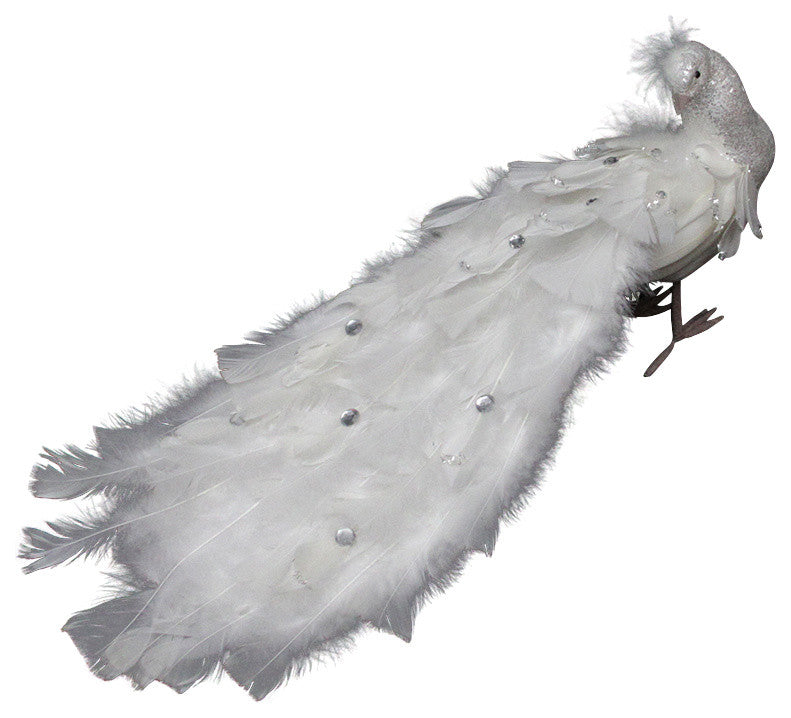 Regal Peacock Bird With Closed Tail Feathers Christmas Decoration, White, 19"